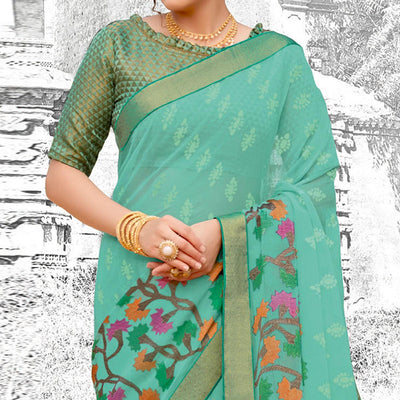 Light Blue Partywear Printed Brasso Saree