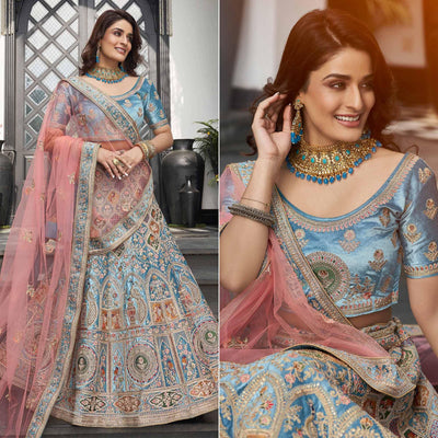 Light Blue Partywear Sequins Floral Embroidered Velvet Lehenga Choli