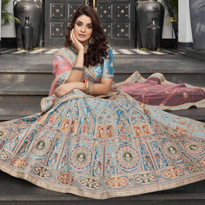 Light Blue Partywear Sequins Floral Embroidered Velvet Lehenga Choli
