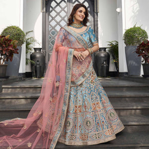 Light Blue Partywear Sequins Floral Embroidered Velvet Lehenga Choli