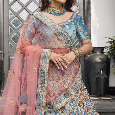 Light Blue Partywear Sequins Floral Embroidered Velvet Lehenga Choli