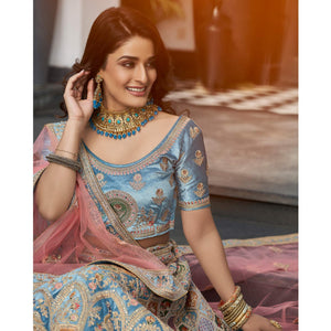Light Blue Partywear Sequins Floral Embroidered Velvet Lehenga Choli