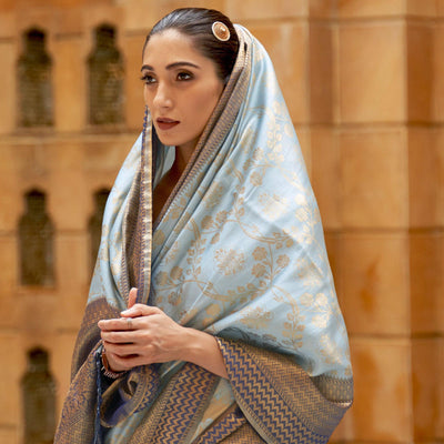 Light Blue Partywear Zari Woven Pure Silk Saree