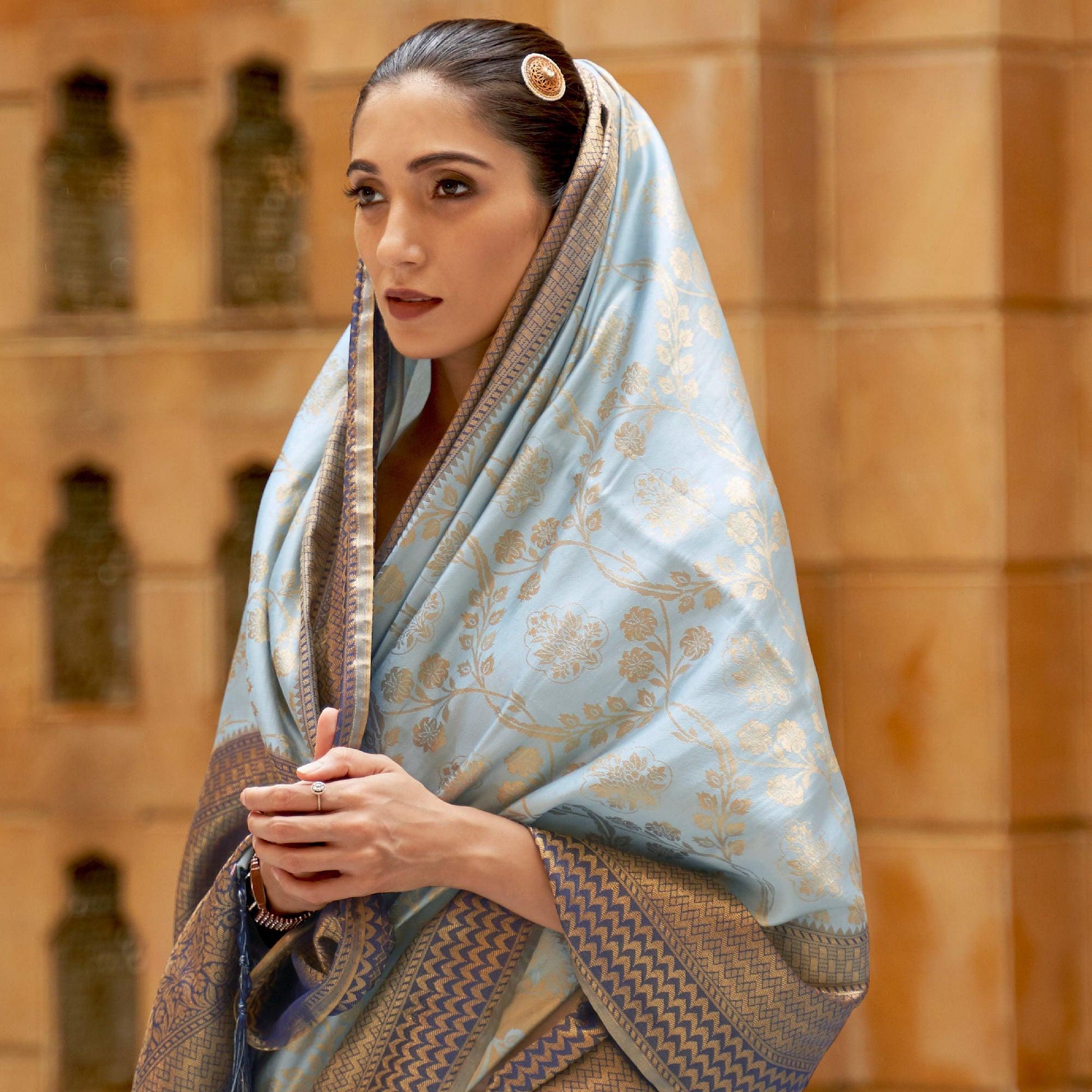 Light Blue Partywear Zari Woven Pure Silk Saree