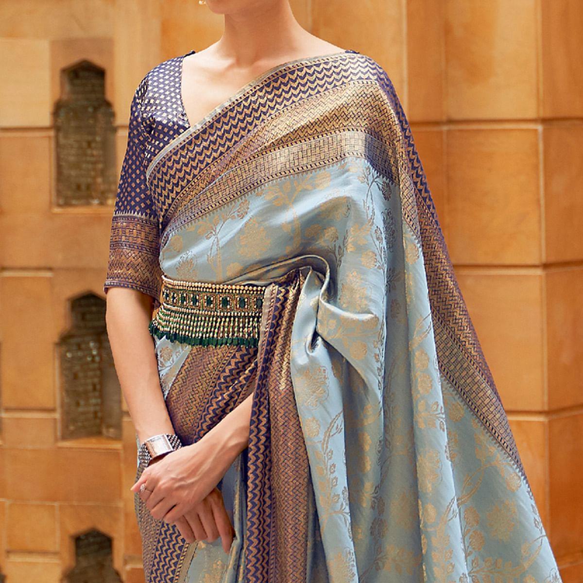 Light Blue Partywear Zari Woven Pure Silk Saree