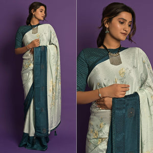 Light Blue Printed-Embellished Chiffon Saree
