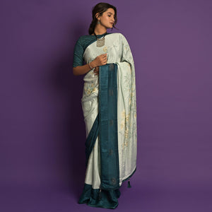Light Blue Printed-Embellished Chiffon Saree