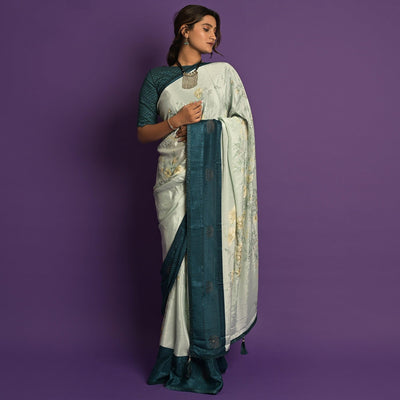 Light Blue Printed-Embellished Chiffon Saree