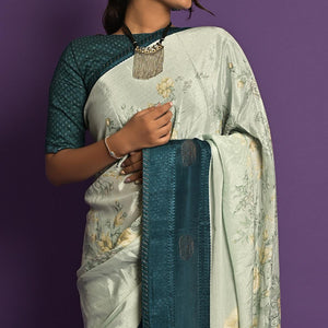 Light Blue Printed-Embellished Chiffon Saree
