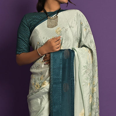 Light Blue Printed-Embellished Chiffon Saree