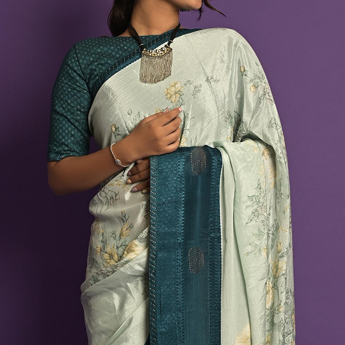 Light Blue Printed-Embellished Chiffon Saree