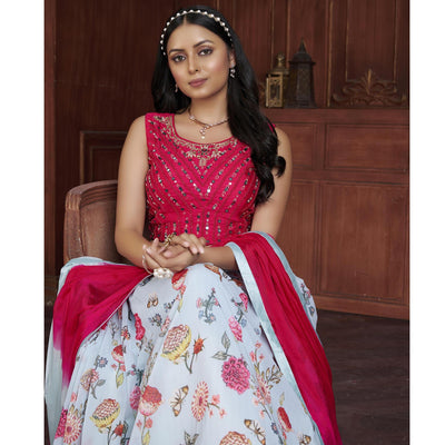 Light Blue Printed Georgette Lehenga Choli
