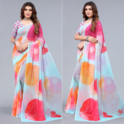 Light Blue Printed Georgette Saree