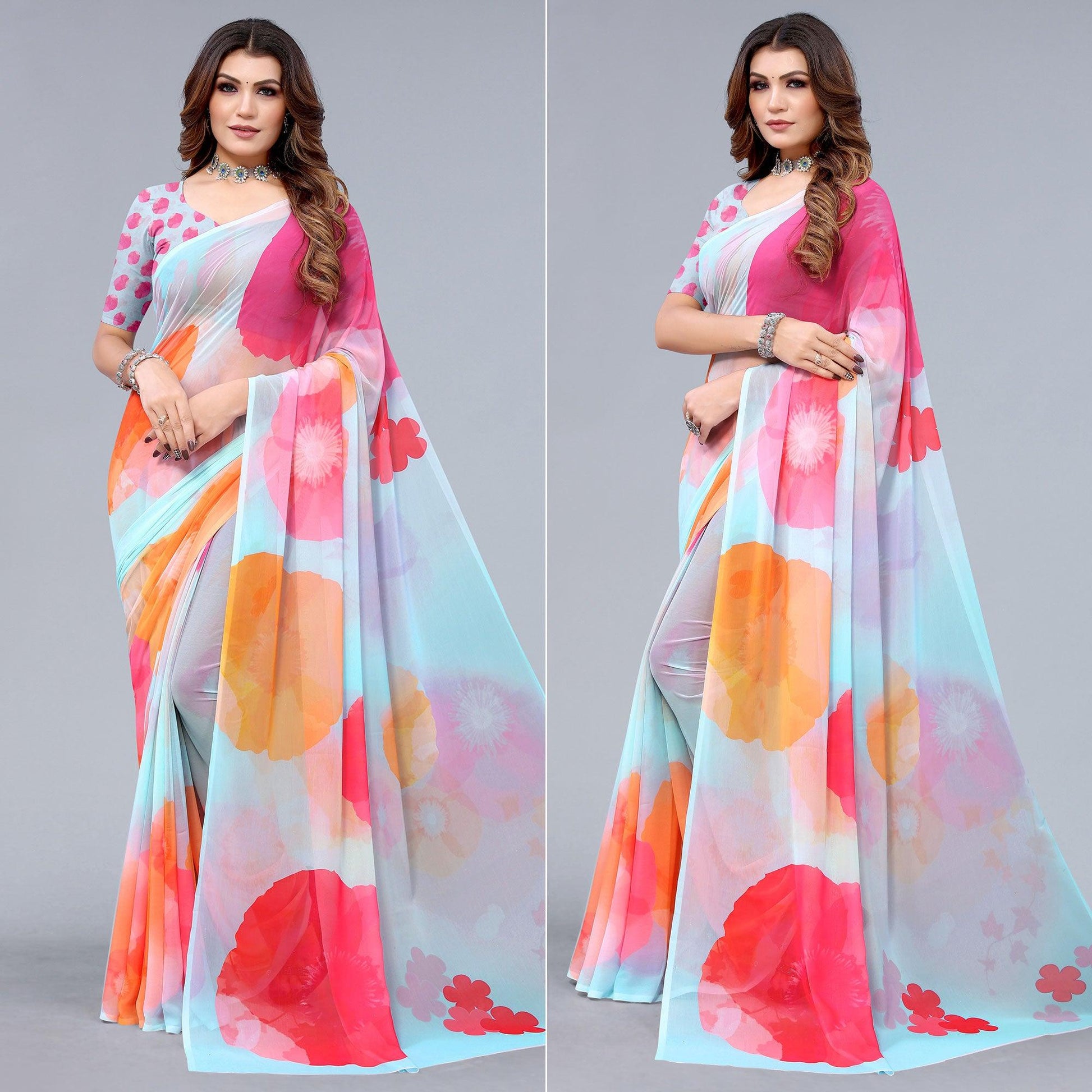 Light Blue Printed Georgette Saree