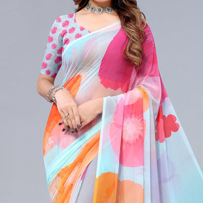 Light Blue Printed Georgette Saree