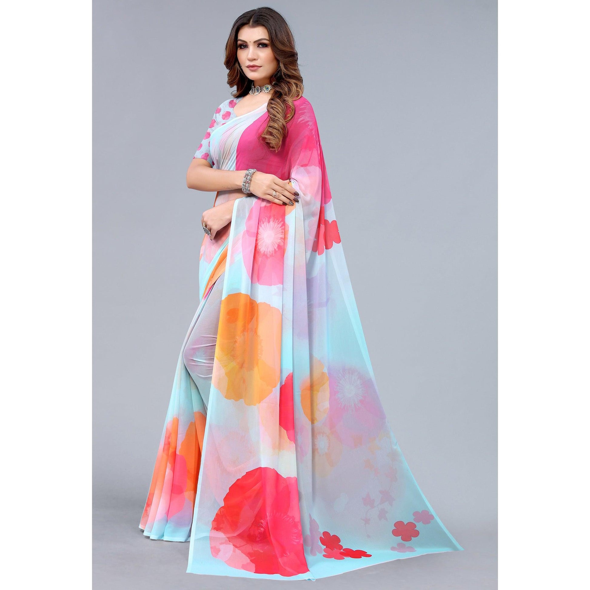 Light Blue Printed Georgette Saree