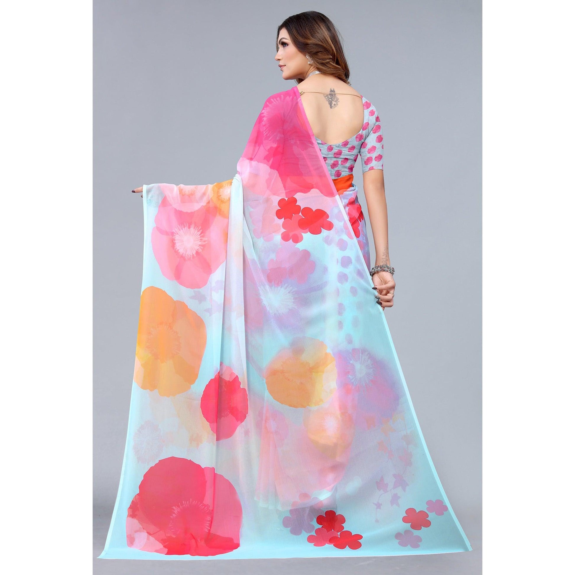 Light Blue Printed Georgette Saree