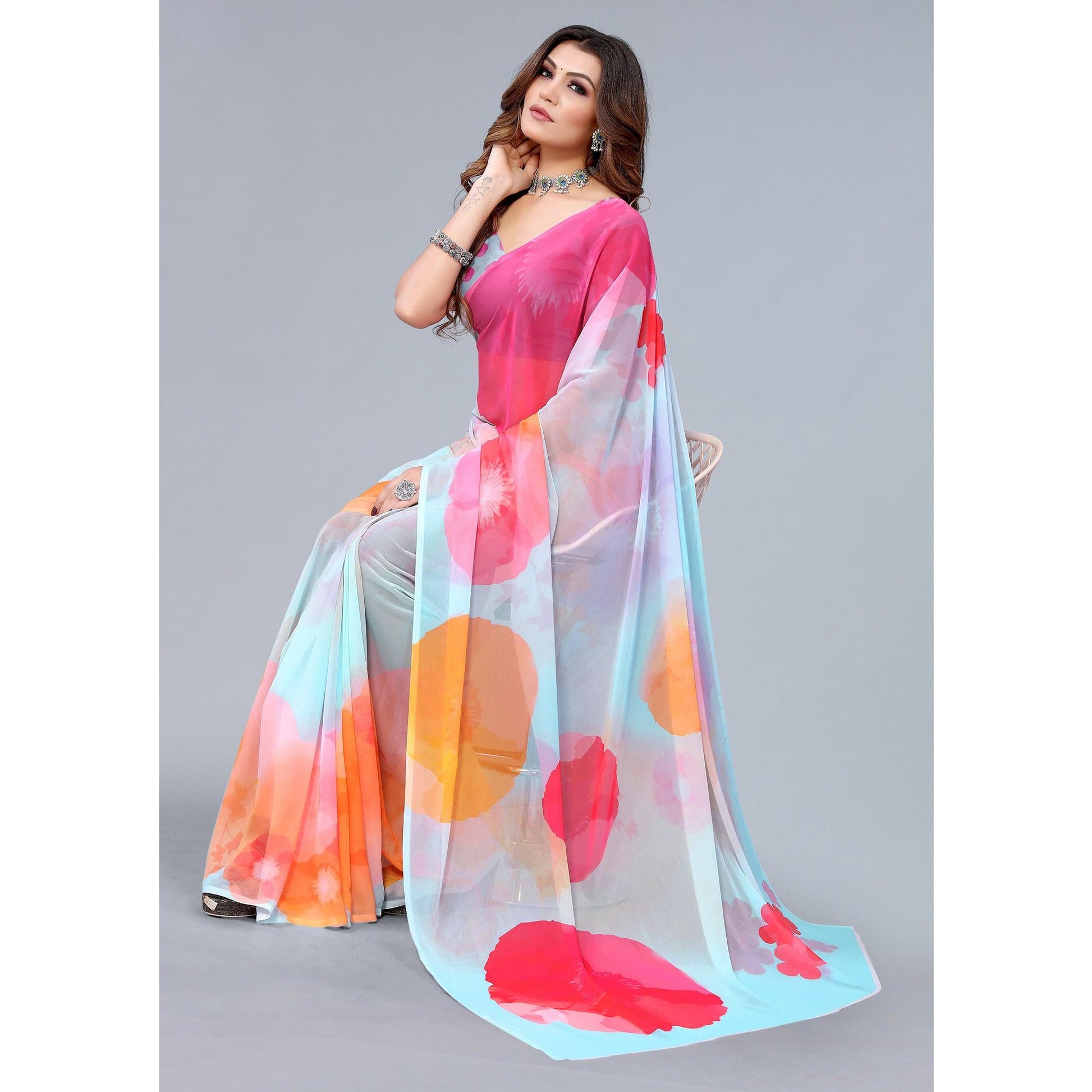 Light Blue Printed Georgette Saree
