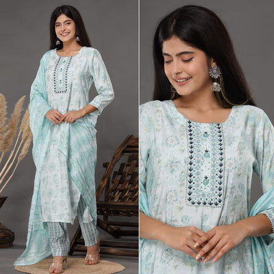 Light Blue Printed Muslin Kurti Pant Set With Dupatta