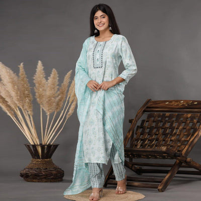 Light Blue Printed Muslin Kurti Pant Set With Dupatta
