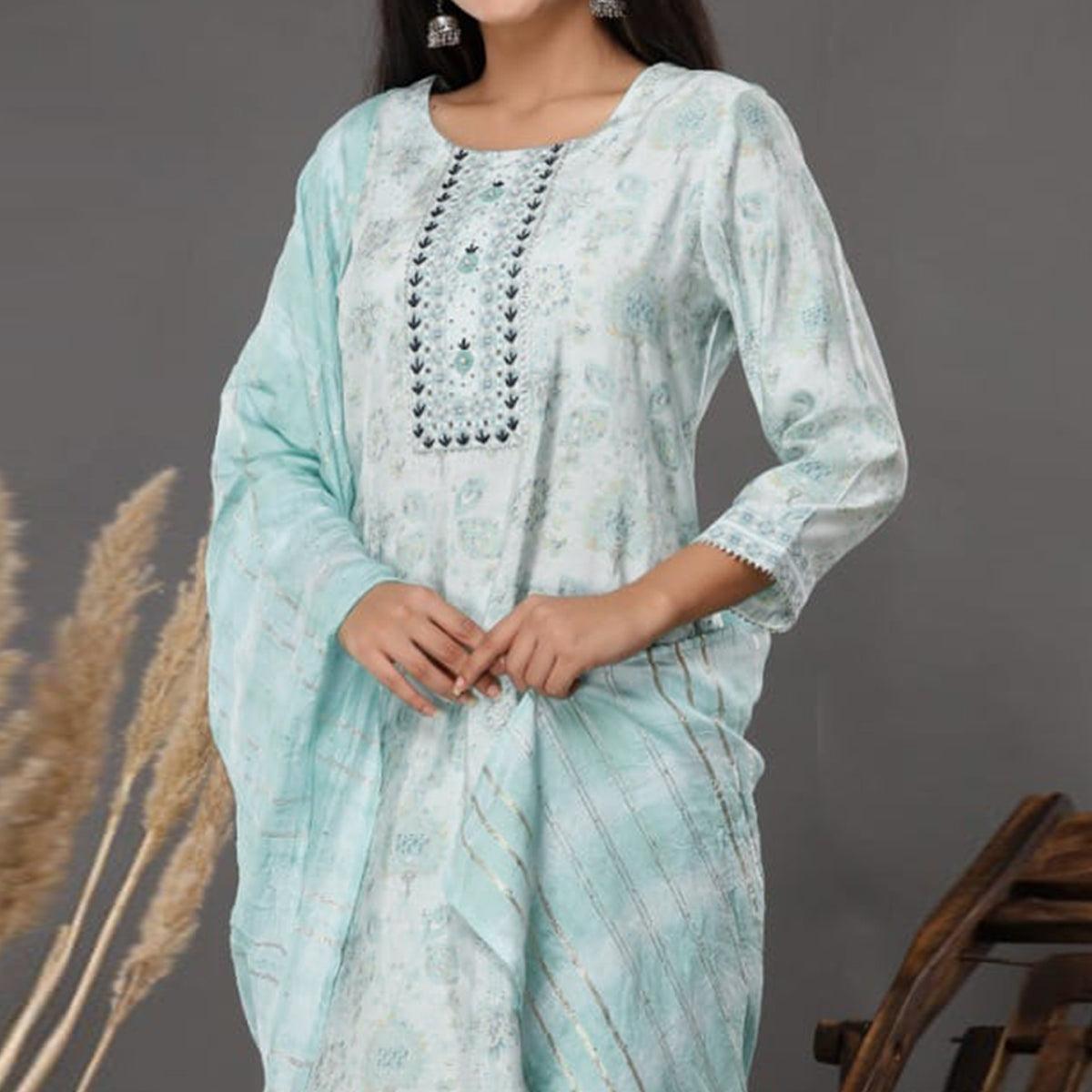 Light Blue Printed Muslin Kurti Pant Set With Dupatta