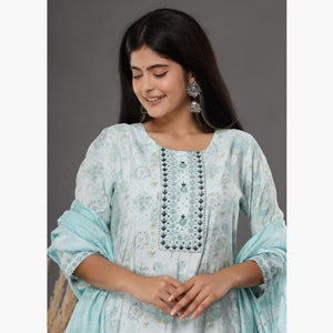 Light Blue Printed Muslin Kurti Pant Set With Dupatta