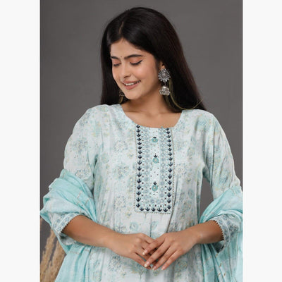 Light Blue Printed Muslin Kurti Pant Set With Dupatta