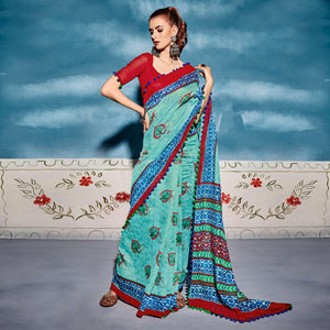 Light Blue Printed Cotton Blend Saree With Pumpum Lace