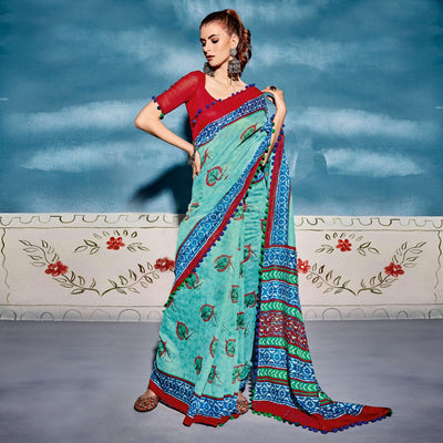 Light Blue Printed Cotton Blend Saree With Pumpum Lace
