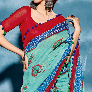 Light Blue Printed Cotton Blend Saree With Pumpum Lace