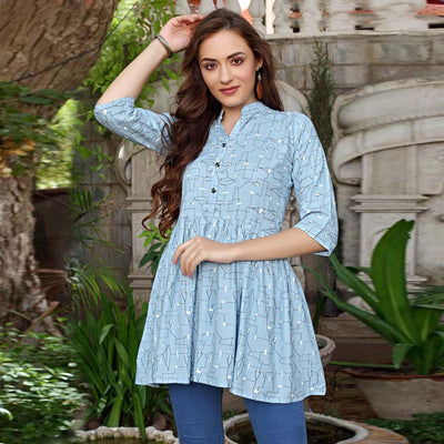 Light Blue Printed Cotton Blend Top
