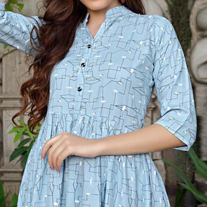 Light Blue Printed Cotton Blend Top