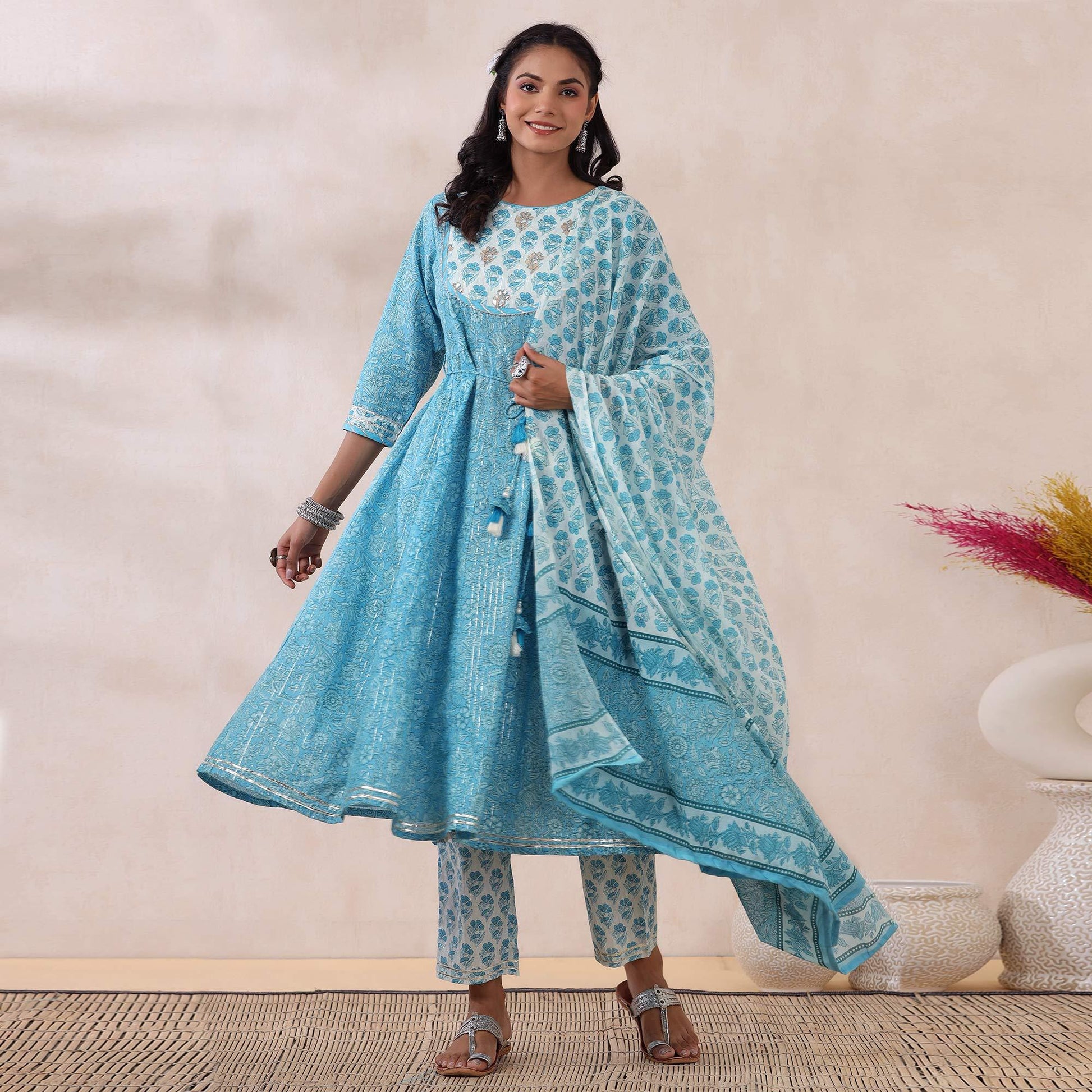 Light Blue Printed Pure Cotton Anarkali Suit