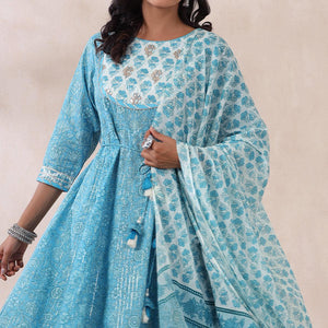 Light Blue Printed Pure Cotton Anarkali Suit