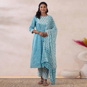 Light Blue Printed Pure Cotton Anarkali Suit