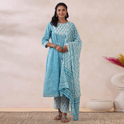Light Blue Printed Pure Cotton Anarkali Suit