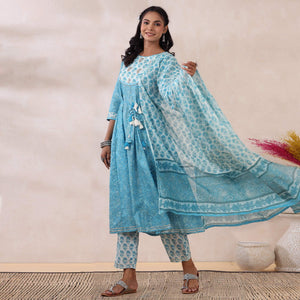 Light Blue Printed Pure Cotton Anarkali Suit