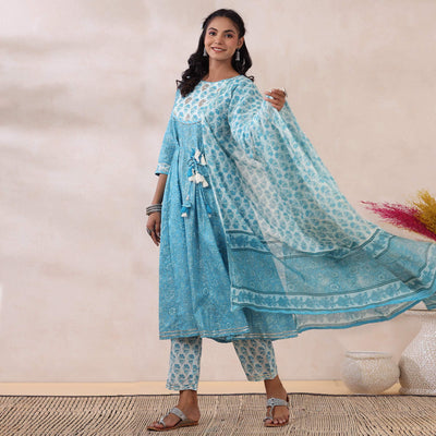 Light Blue Printed Pure Cotton Anarkali Suit