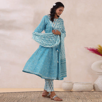 Light Blue Printed Pure Cotton Anarkali Suit