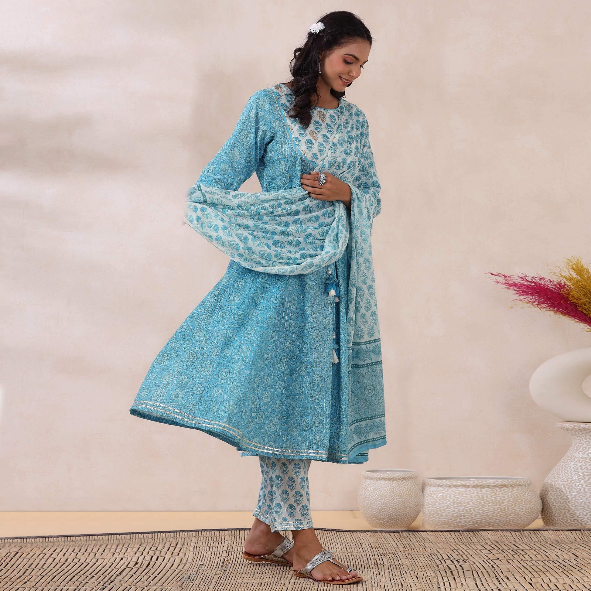 Light Blue Printed Pure Cotton Anarkali Suit