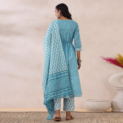 Light Blue Printed Pure Cotton Anarkali Suit