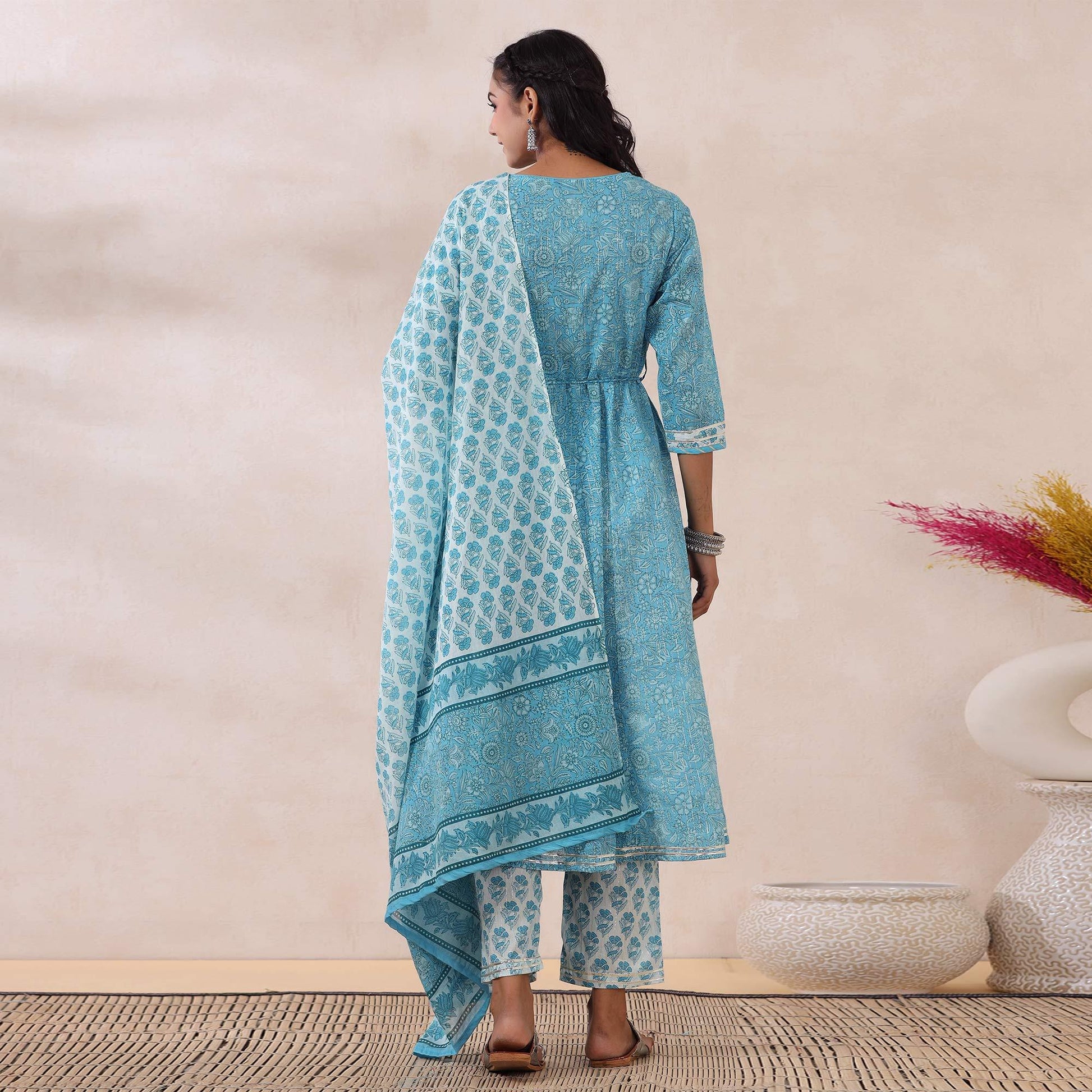 Light Blue Printed Pure Cotton Anarkali Suit
