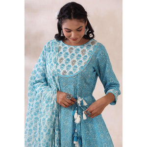 Light Blue Printed Pure Cotton Anarkali Suit