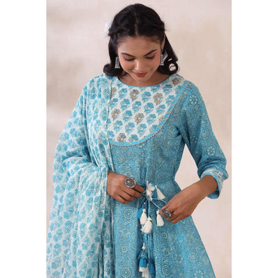 Light Blue Printed Pure Cotton Anarkali Suit