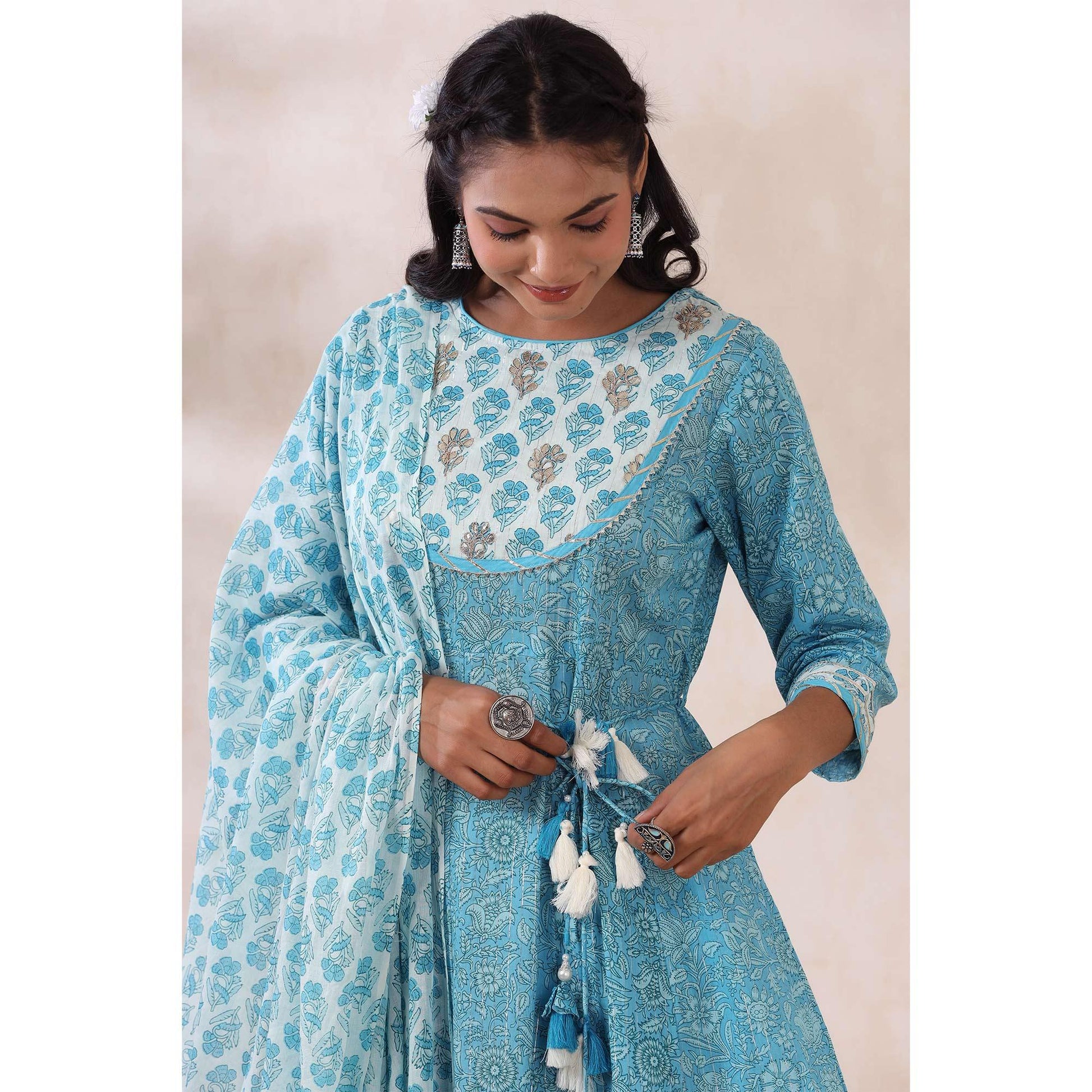 Light Blue Printed Pure Cotton Anarkali Suit
