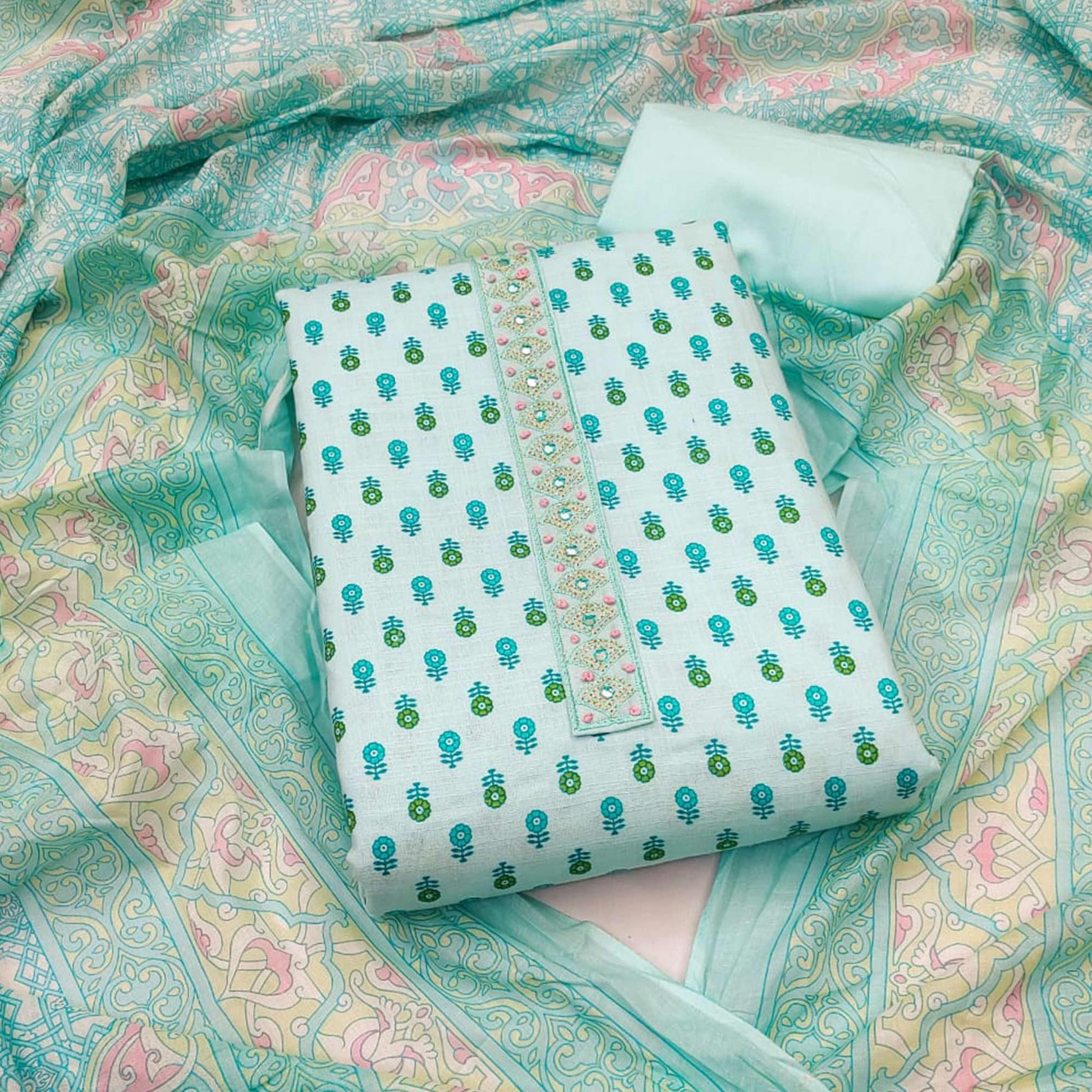 Light Blue Printed Pure Cotton Dress Material