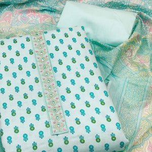 Light Blue Printed Pure Cotton Dress Material