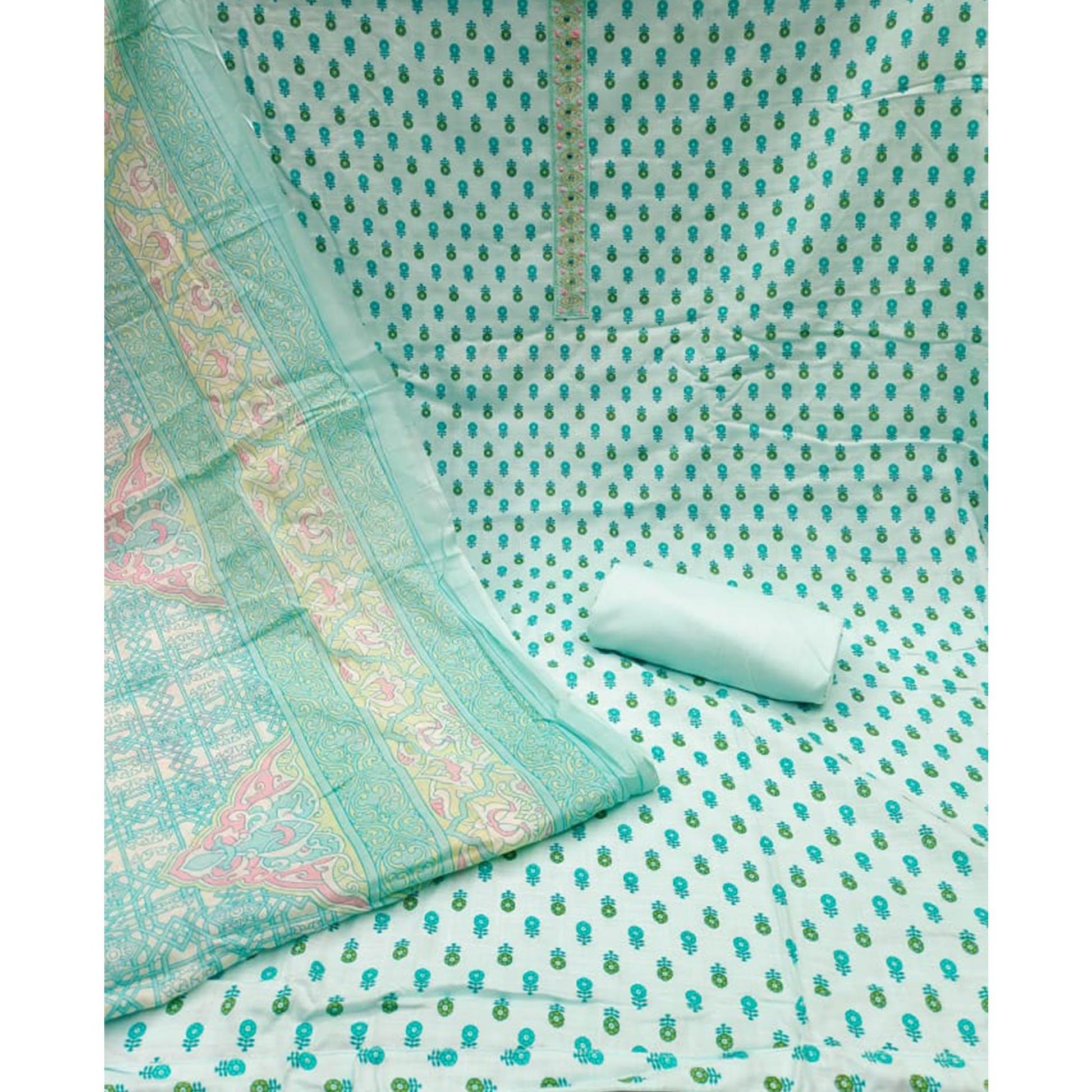Light Blue Printed Pure Cotton Dress Material