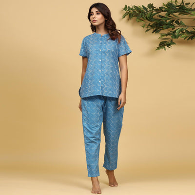 Light Blue Printed Pure Cotton Night Suit