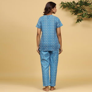Light Blue Printed Pure Cotton Night Suit